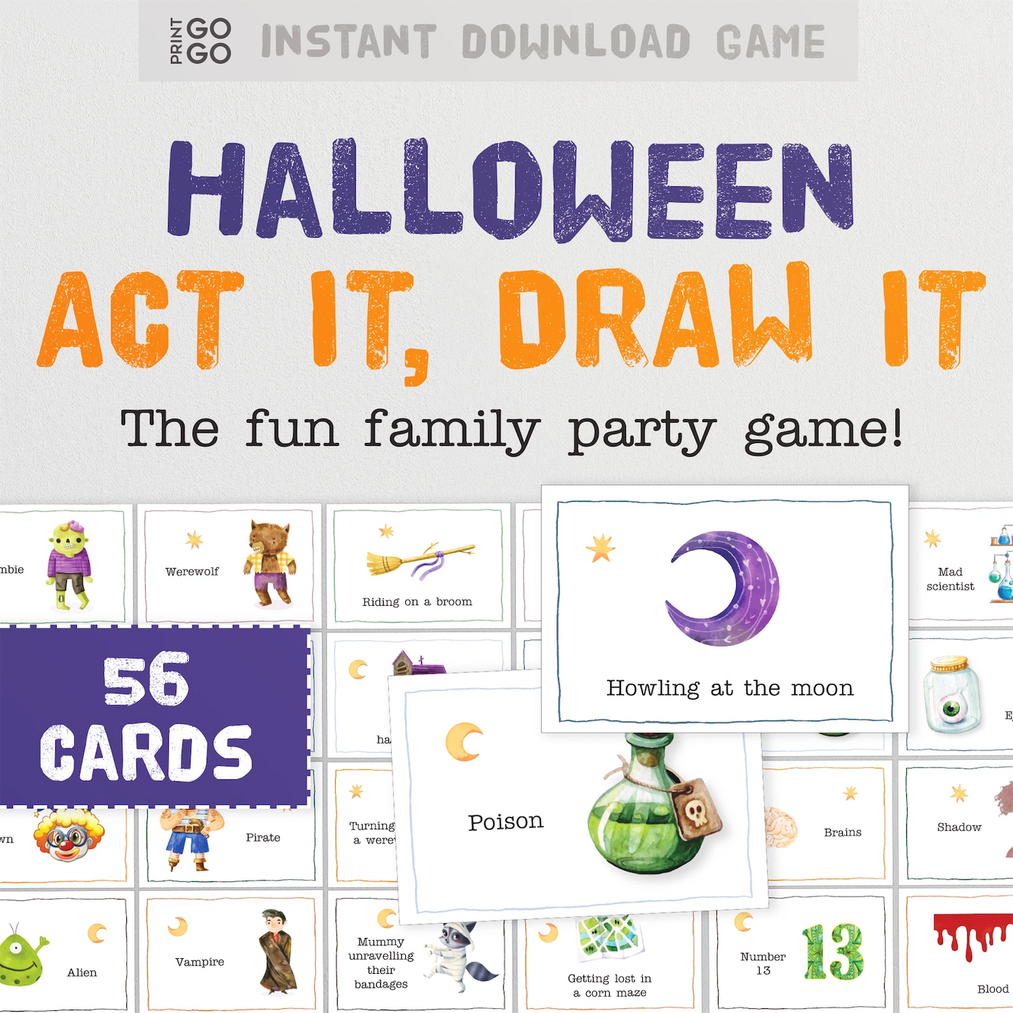 Instant download Halloween family party game. Illustrated cards that players must either act or draw for the group to guess.