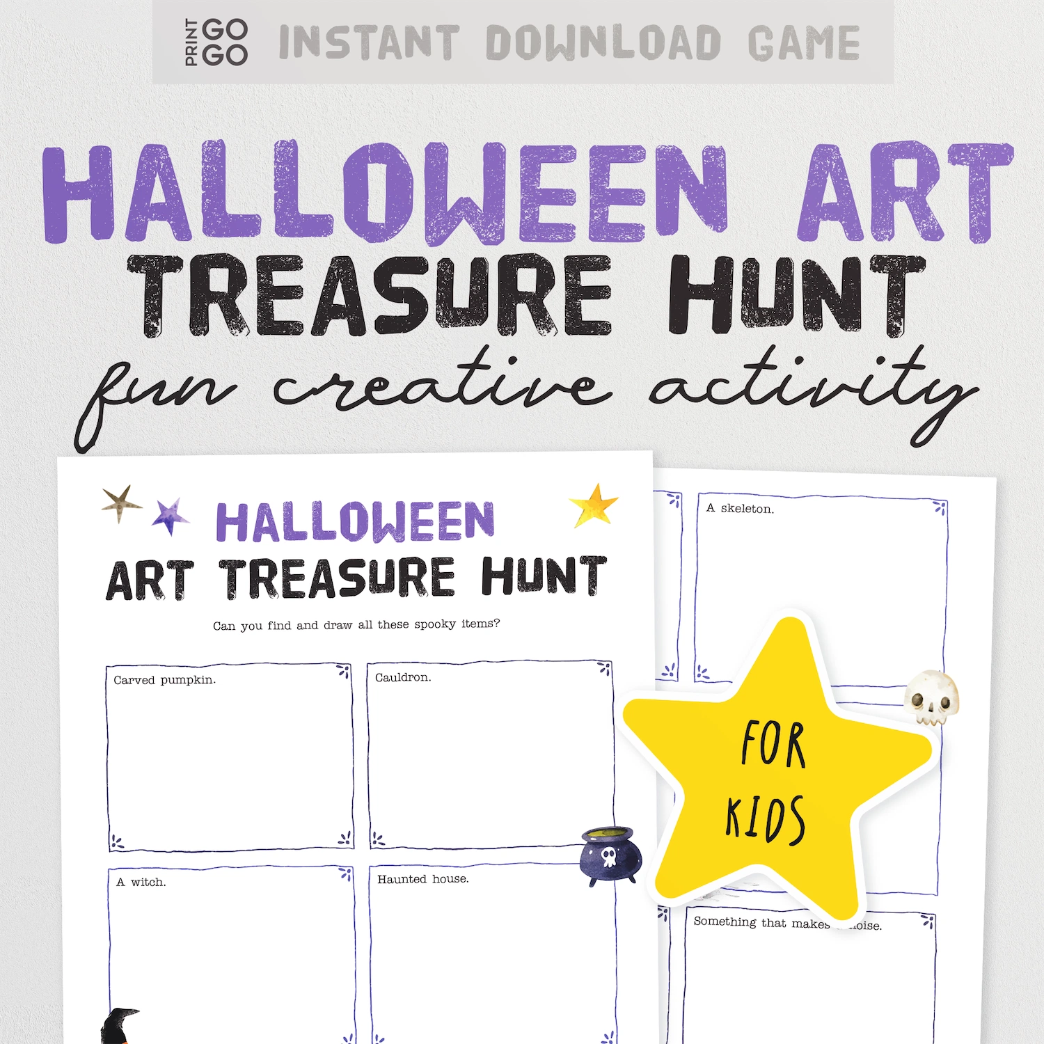Halloween art treasure hunt activity sheet with a yellow star and text on a white background