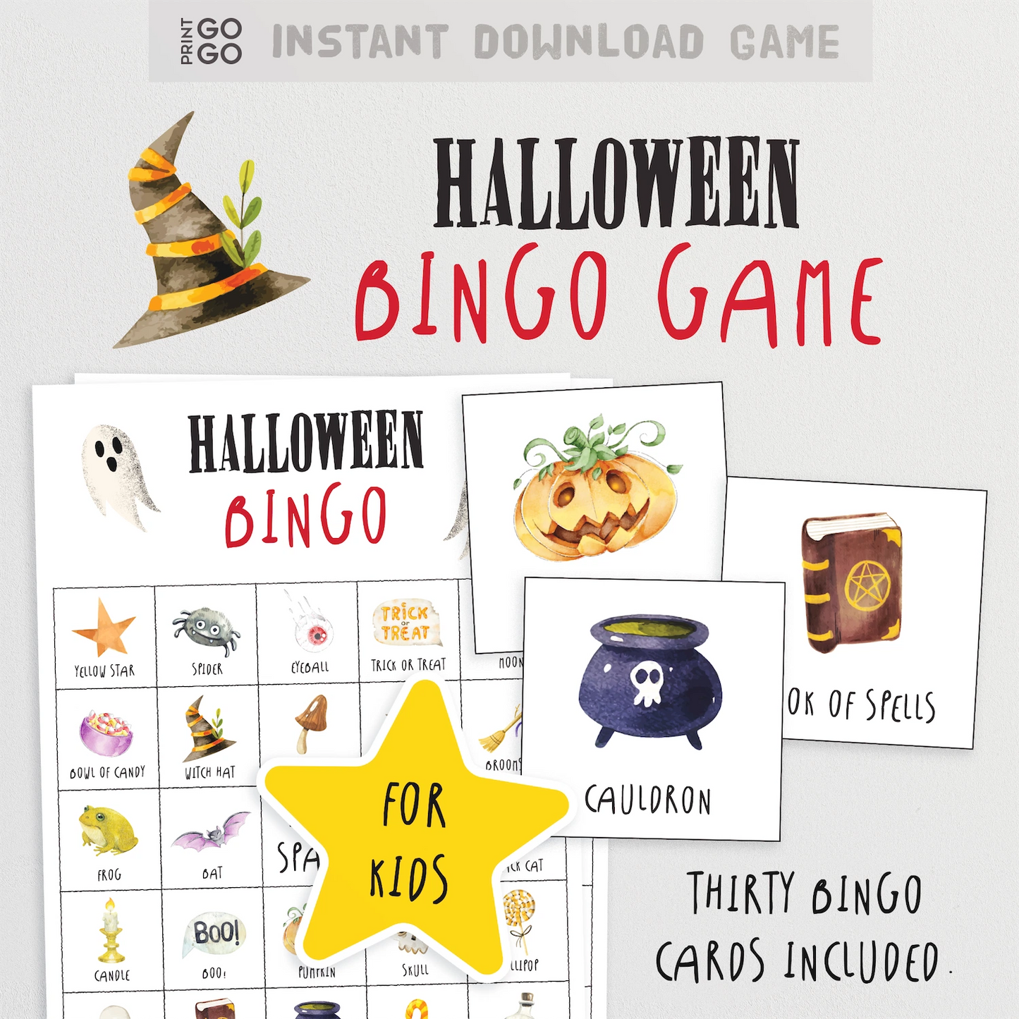 Halloween bingo game for kids with cards and a star graphic on a white background.