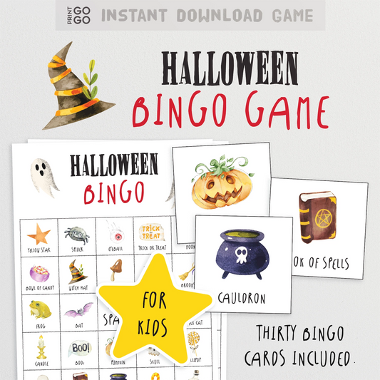 Halloween bingo game for kids with cards and a star graphic on a white background.