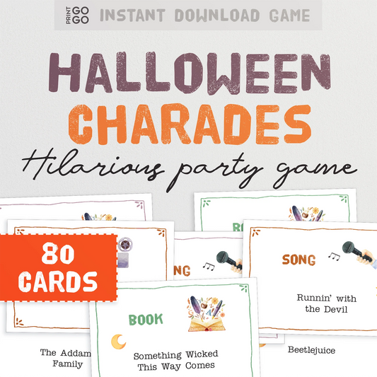 Instant download Halloween charade cards, a group printable party game.