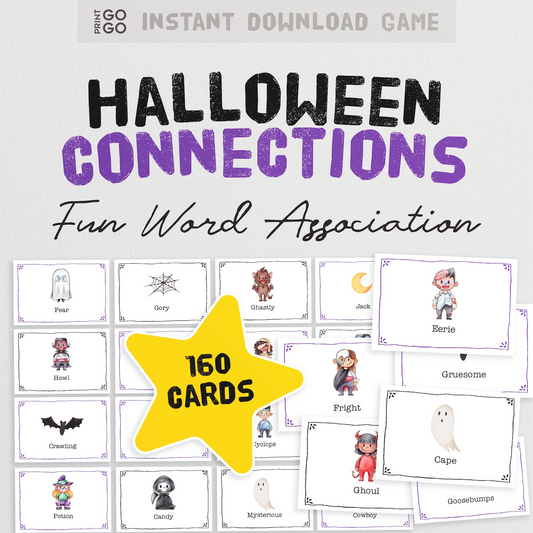 Halloween Connections game with word association cards and a star indicating 160 cards.