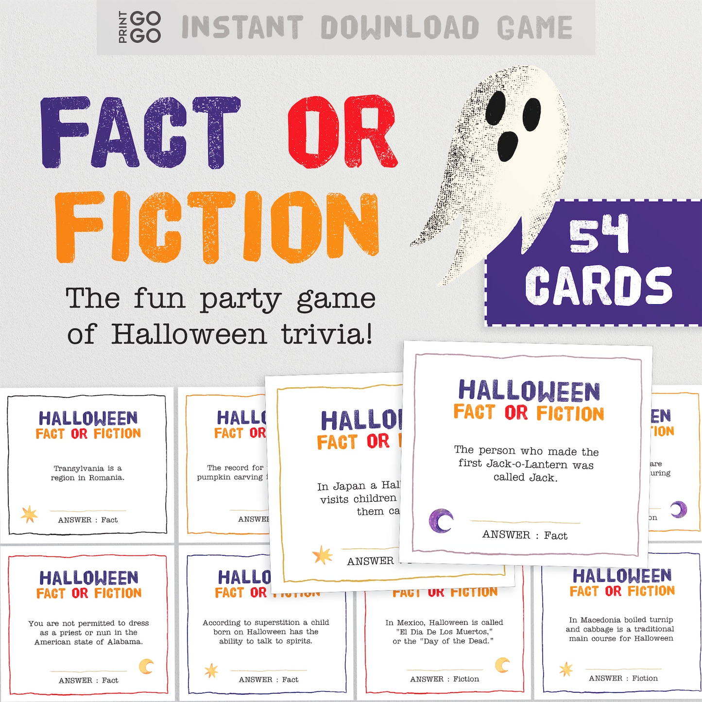 Halloween fact or fiction game with cards and ghost illustration on a white background