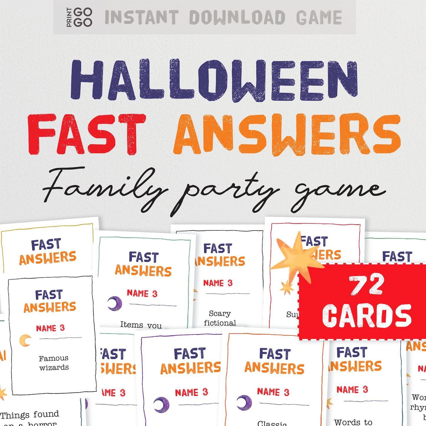 Instant download Halloween Fast Answers family party game with 72 cards.