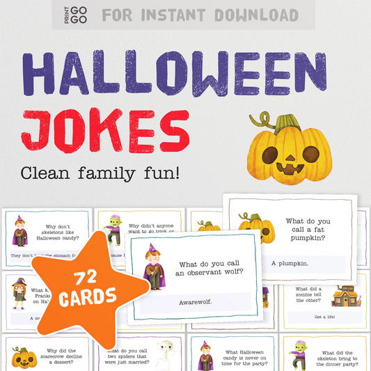 Instant download Halloween jokes card set with pumpkins and text on a white background
