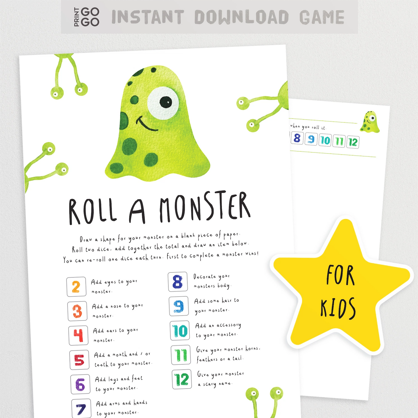 Game sheet for 'Roll a Monster' with green monster illustration and instructions on a white background.