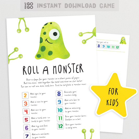 Game sheet for 'Roll a Monster' with green monster illustration and instructions on a white background.