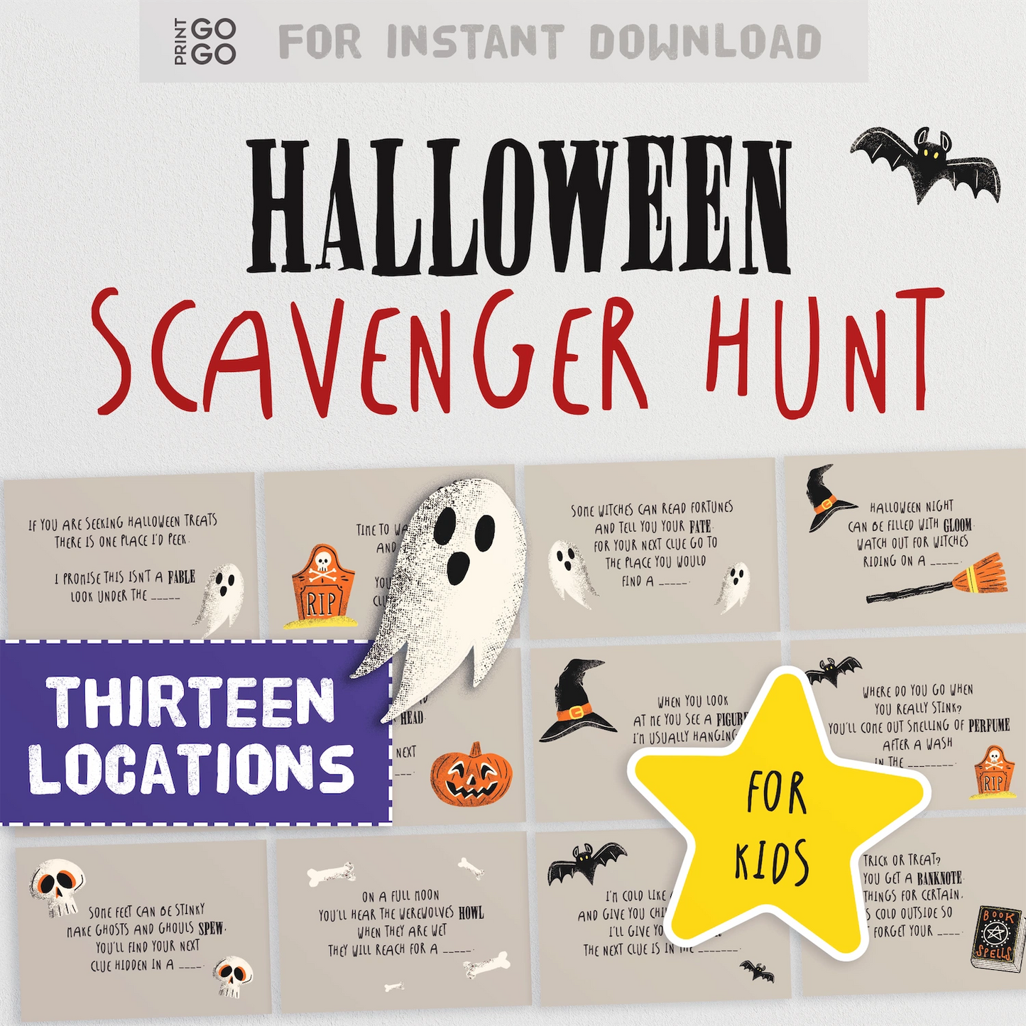 Halloween scavenger hunt game with ghost, pumpkin, and bat illustrations on a light gray background.