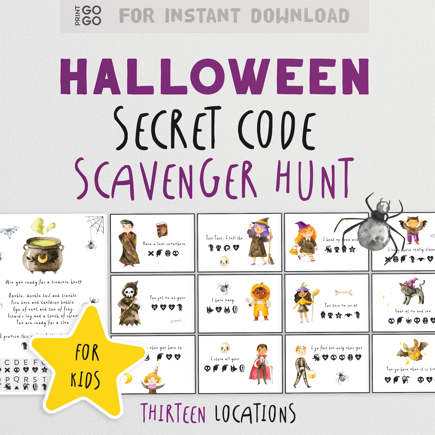 Halloween Secret Code Scavenger Hunt for kids with illustrations and text on a white background.