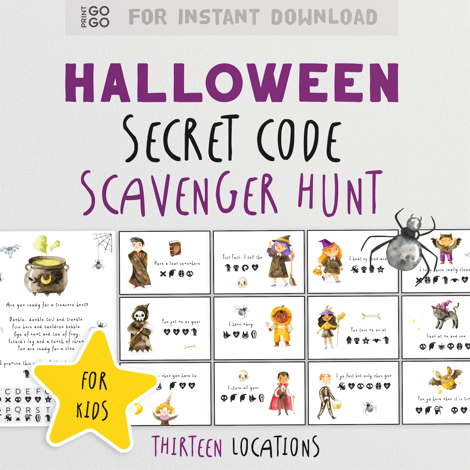 Halloween Secret Code Scavenger Hunt for kids with illustrations and text on a white background.