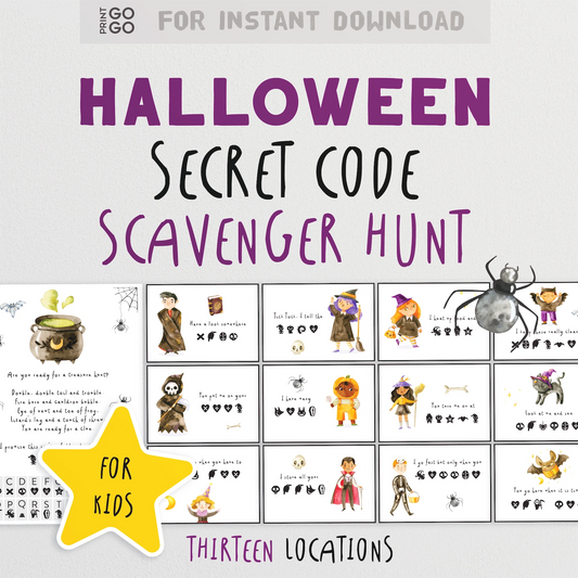 Halloween Secret Code Scavenger Hunt for kids with illustrations and text on a white background.