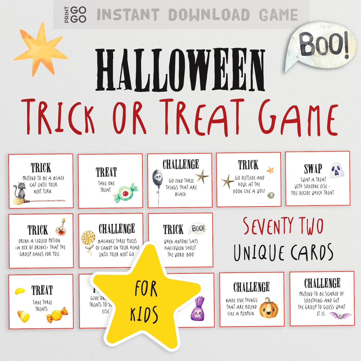 Halloween Trick or Treat Game with cards and text on a white background