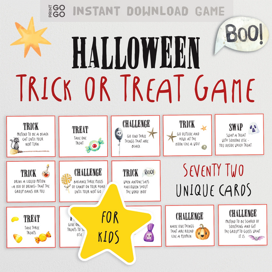Halloween Trick or Treat Game with cards and text on a white background