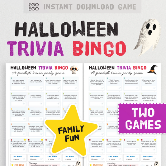 Instant download Halloween Trivia Bingo party games. Two games of family fun.
