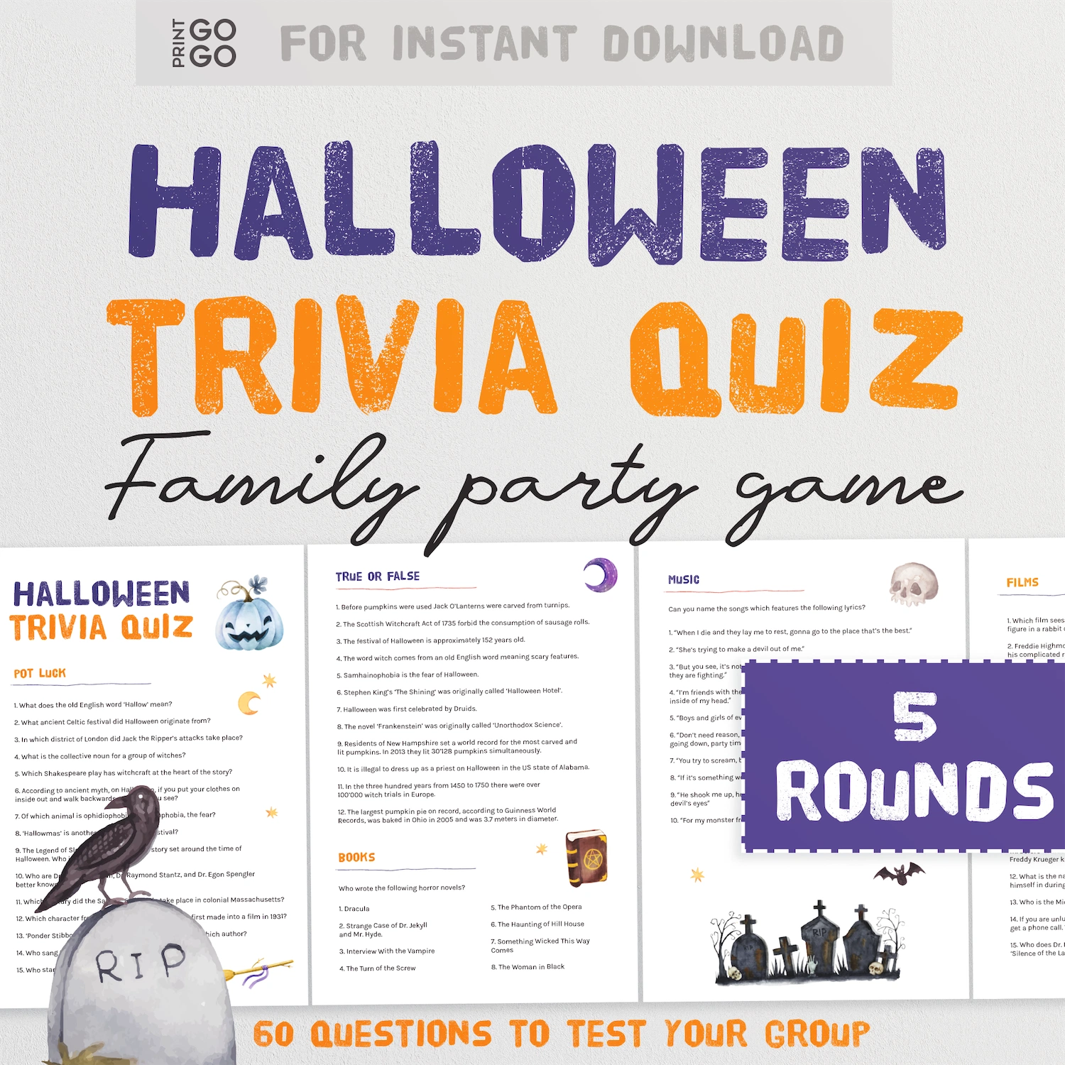 Halloween trivia quiz for family parties with text and graphics on a white background