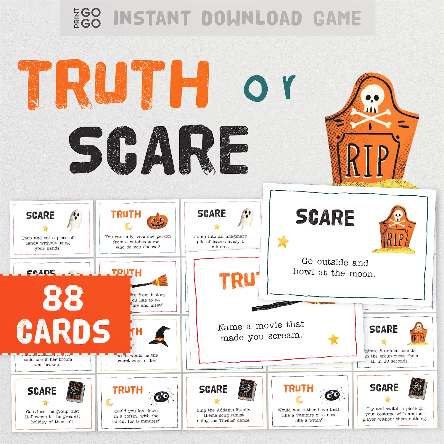 Halloween-themed 'Truth or Scare' game with cards and tombstone graphic on a white background.
