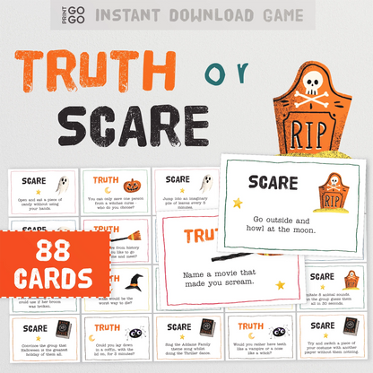 Halloween-themed 'Truth or Scare' game with cards and tombstone graphic on a white background.