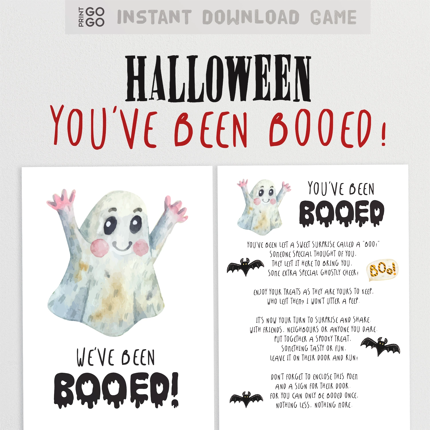 Halloween 'You've Been Booed' printable with ghost illustration and text on a white background