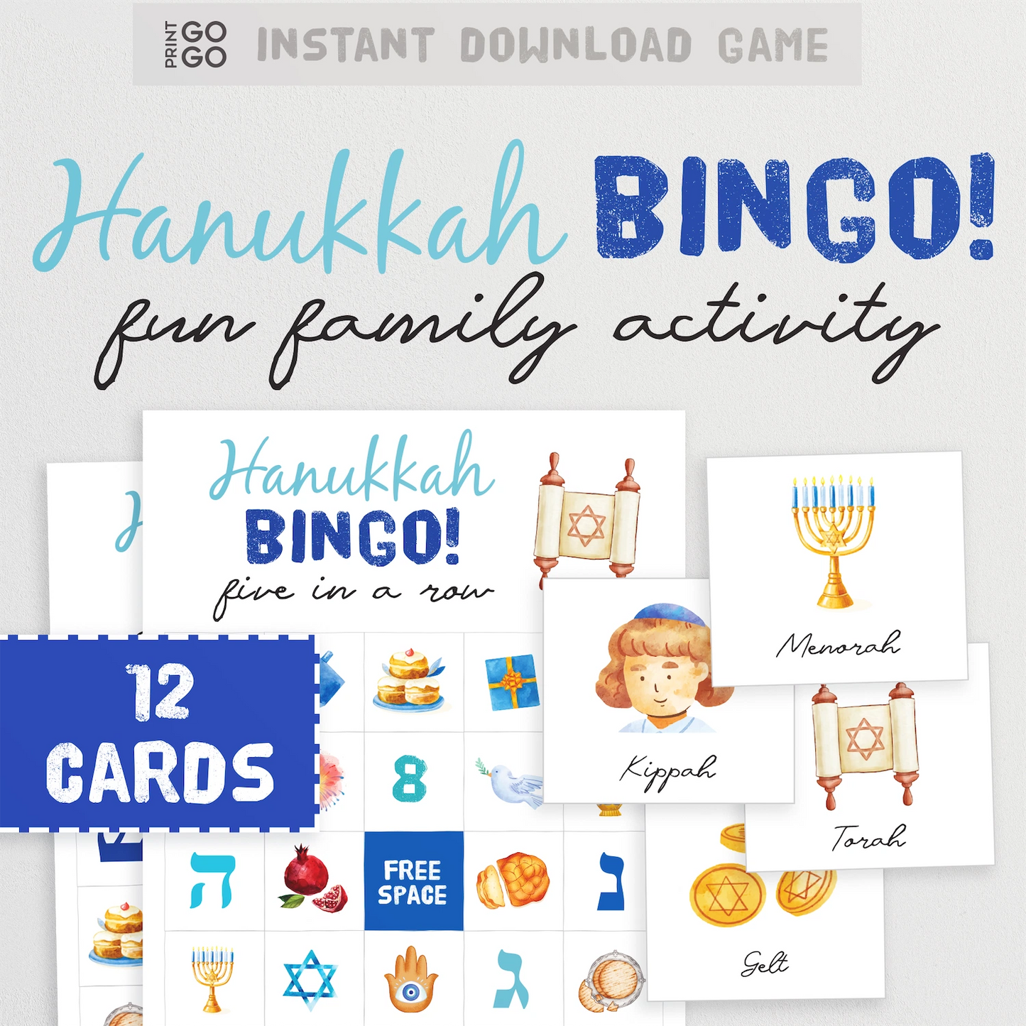 Hanukkah bingo cards. A Jewish printable party game of getting five in a row.