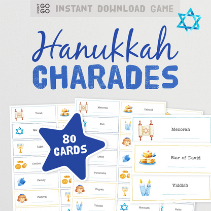 Hanukkah Charades game with 80 cards on a light gray background