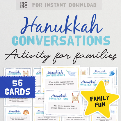 56 instant download Hanukkah conversation cards for Jewish families.