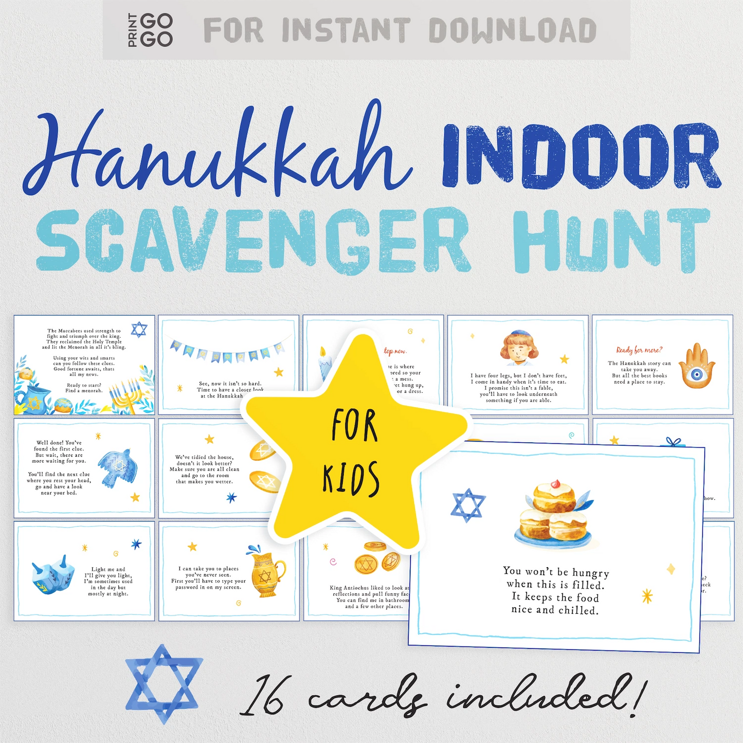 Hanukkah indoor scavenger hunt for kids with 16 cards included, featuring a yellow star of David in the center.