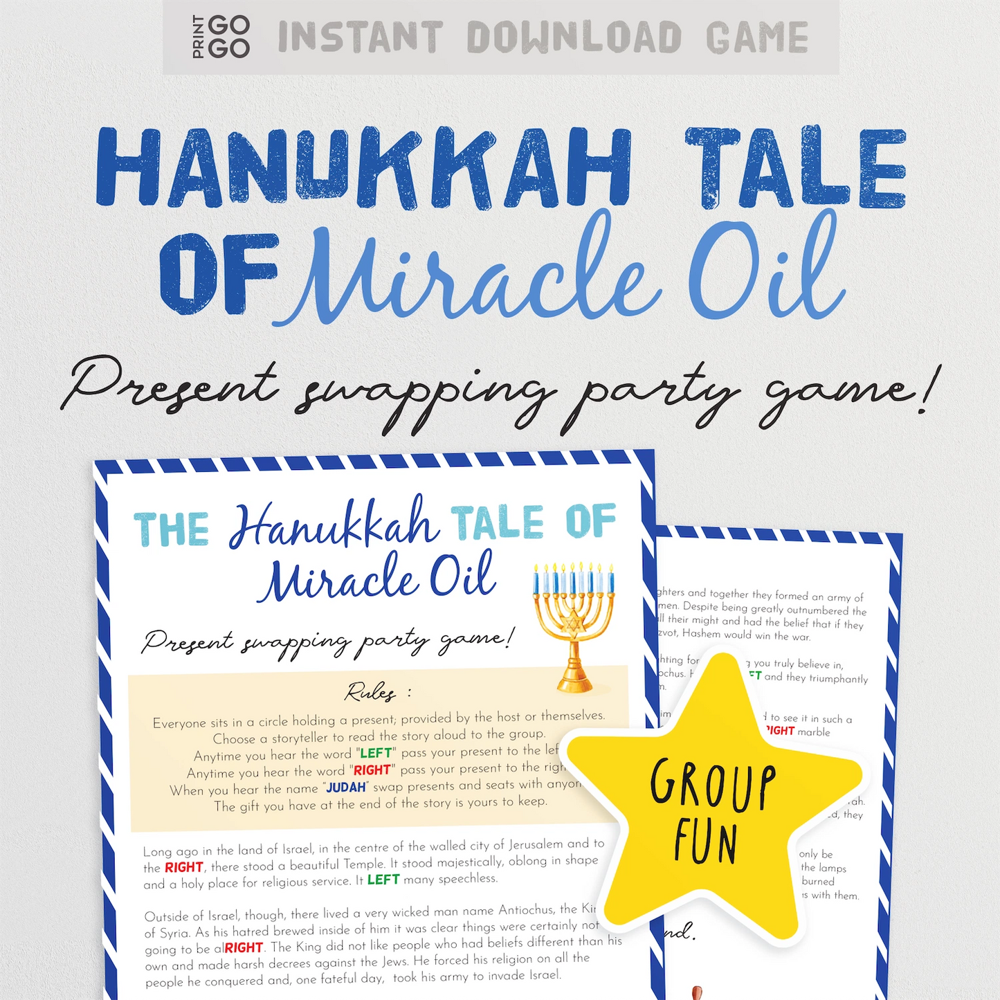 Hanukkah Left Right Gift Exchange game. A story about the tale of miracle oil presented over two pages and for instant download.