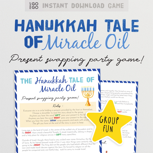 Hanukkah Left Right Gift Exchange game. A story about the tale of miracle oil presented over two pages and for instant download.