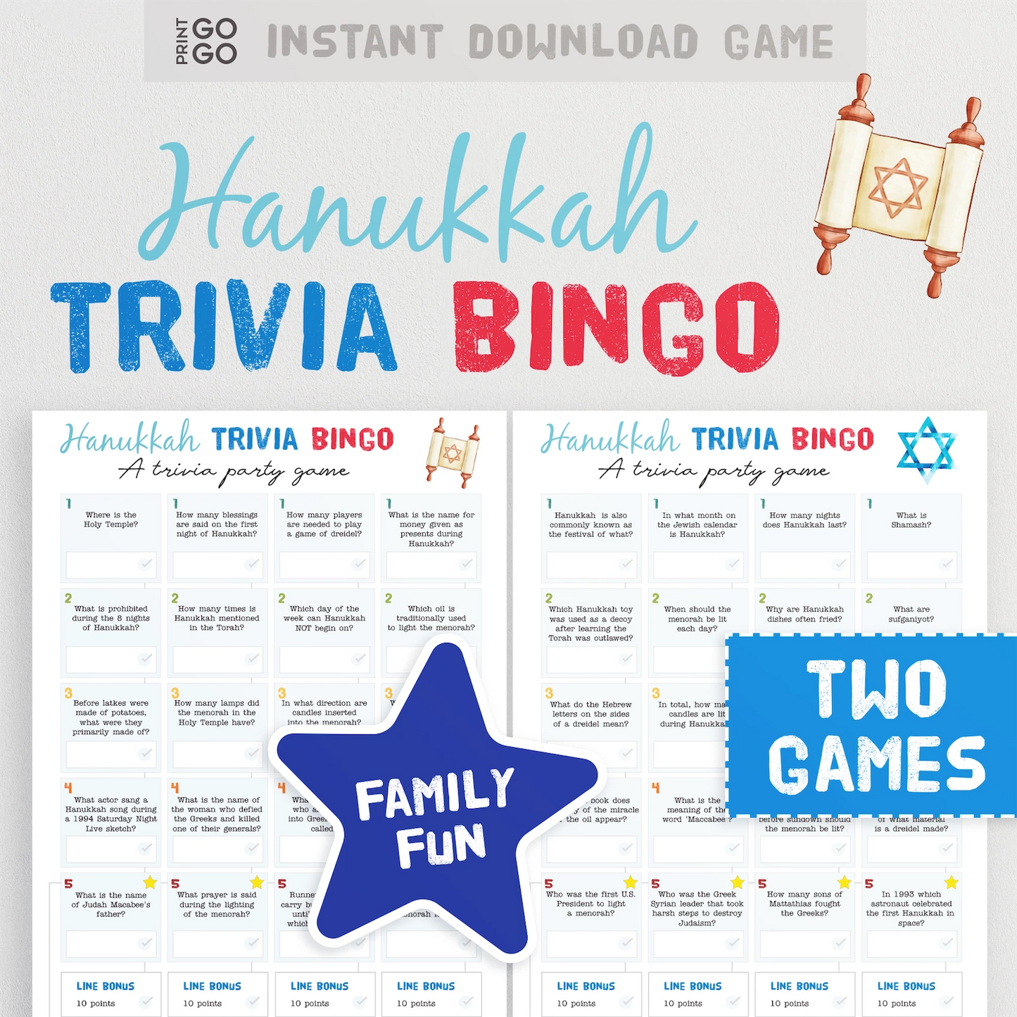 Hanukkah Trivia Bingo game with text and star design on a white background