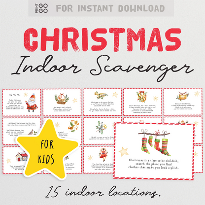 An instant download Christmas scavenger hunt for kids, featuring 15 indoor locations.