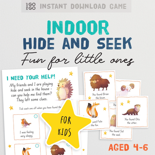 Indoor hide and seek game for kids with illustrations and text on a light gray background