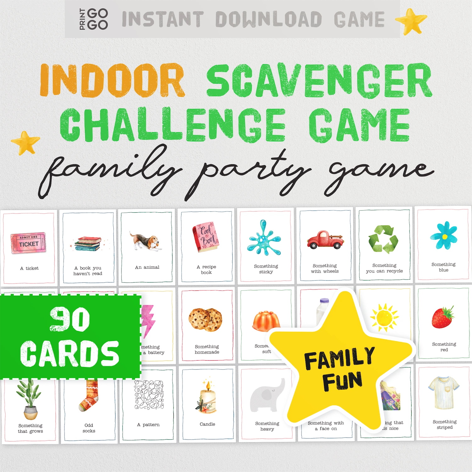 Instant download indoor scavenger challenge game for family parties with 90 cards and colourful designs.