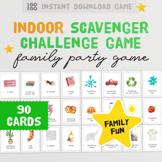 Instant download indoor scavenger challenge game for family parties with 90 cards and colourful designs.