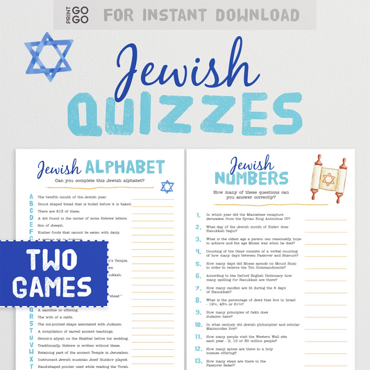 Cover of 'Jewish Quizzes' with two games titled 'Jewish Alphabet' and 'Jewish Numbers' on a white background.