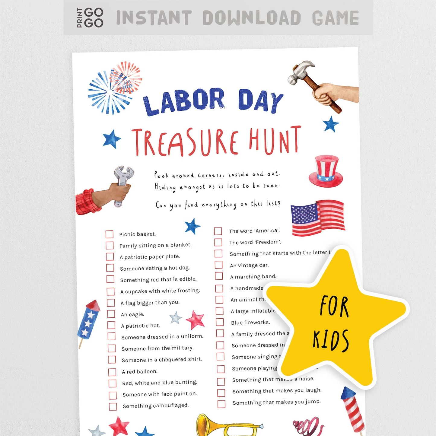 Labor Day treasure hunt game sheet for kids with colorful graphics and text.