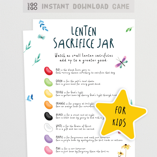 Lenten Sacrifice Jar worksheet for kids with colorful beans and a yellow star label.