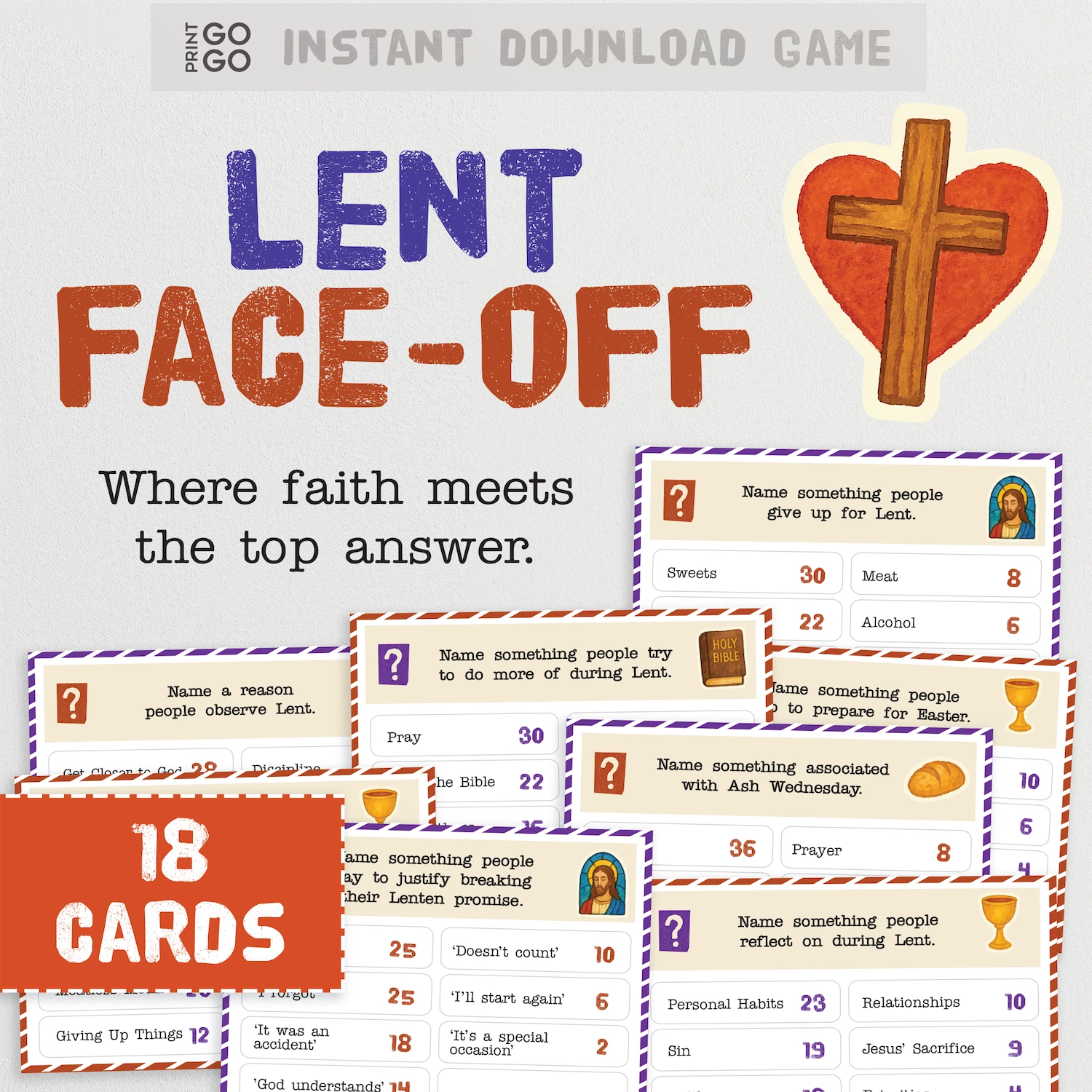 Lent Face-Off example question cards displayed on a light grey background with a cross illustration and the title 'Lent Face-Off'.