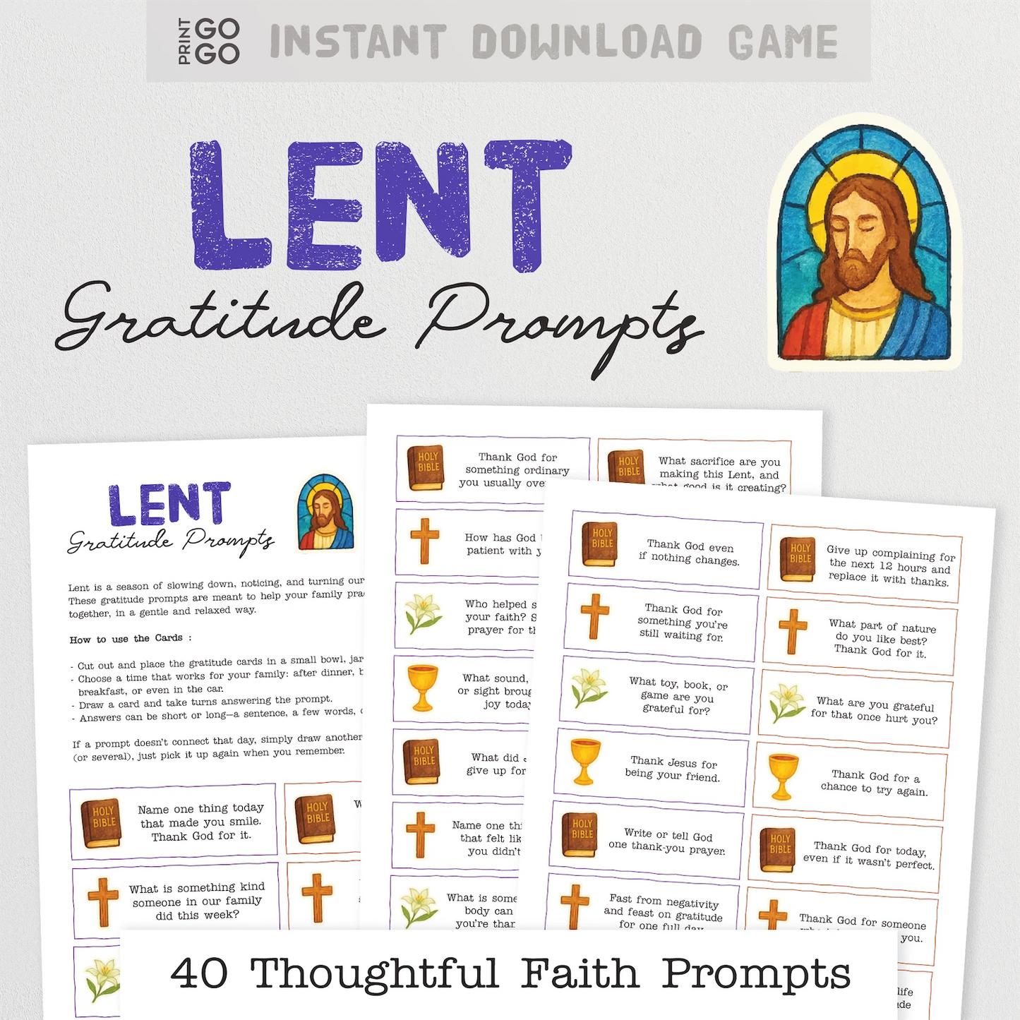 Lent gratitude prompts sheet with religious illustrations on a white background