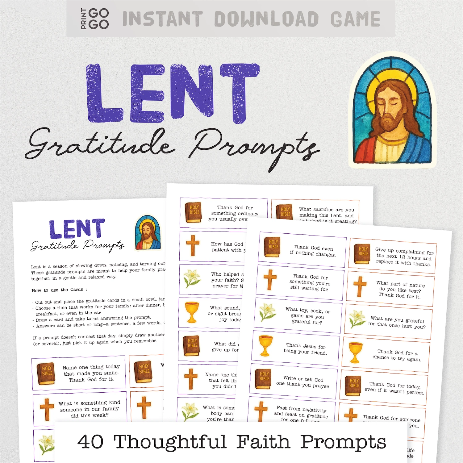Lent gratitude prompts sheet with religious illustrations on a white background