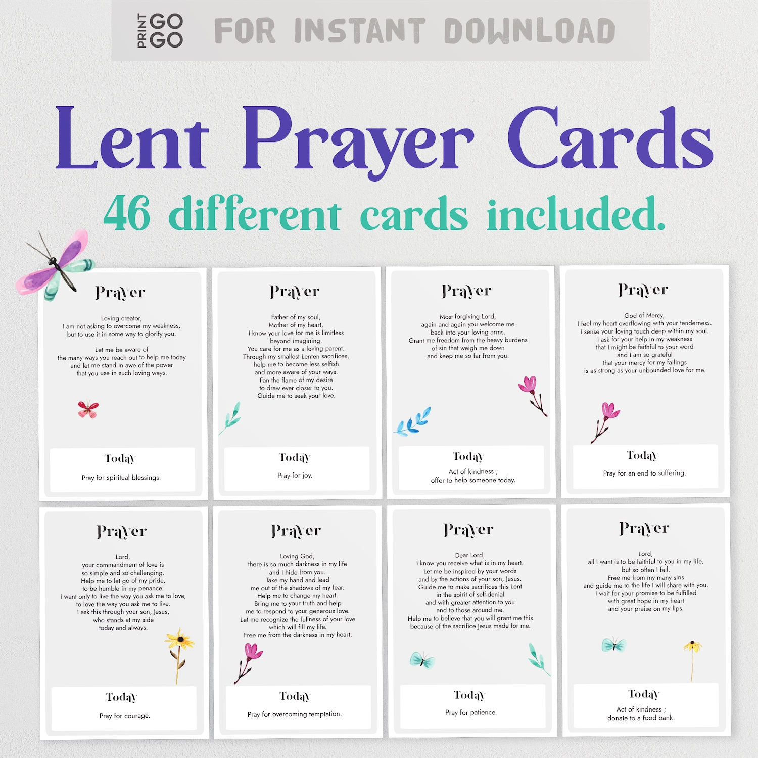 Lent Prayer Cards with various designs and prayers on a white background