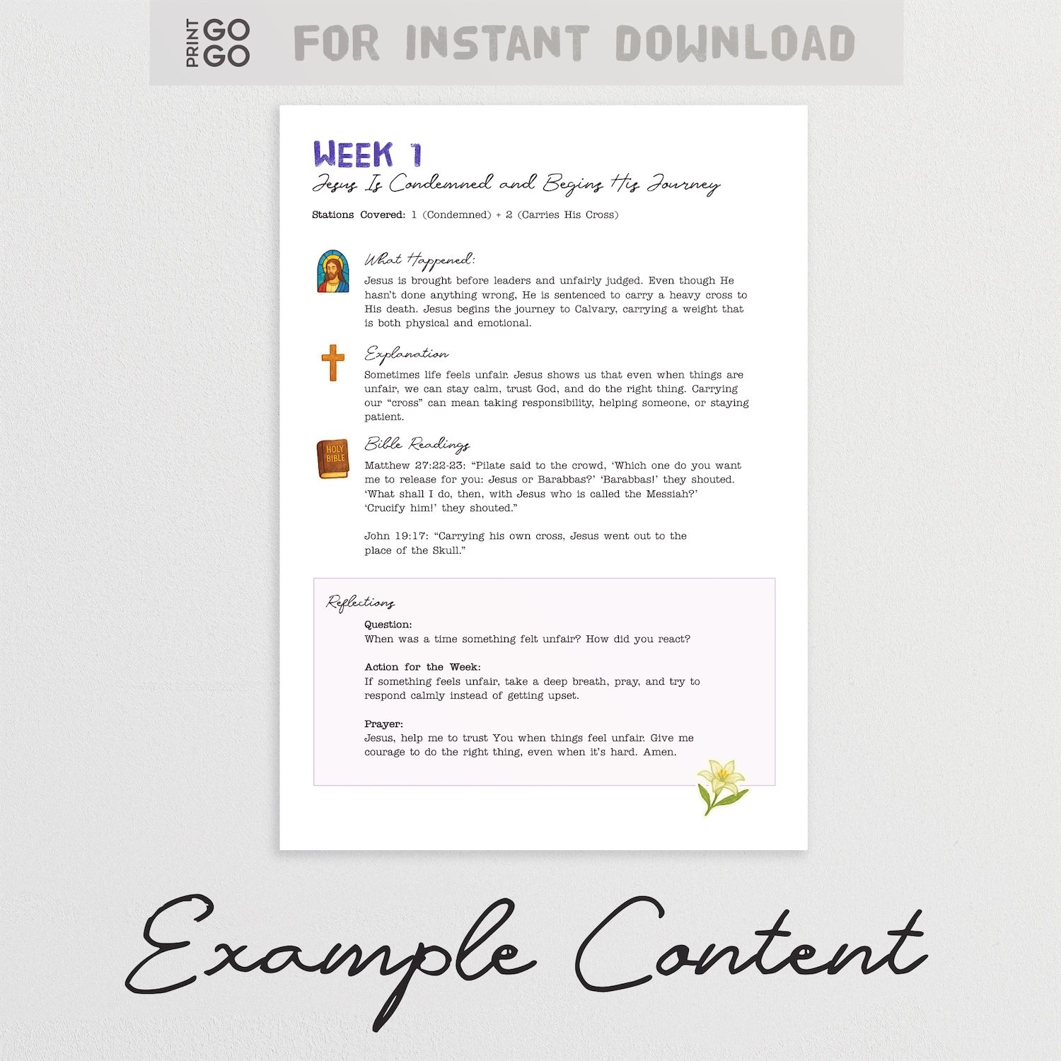 Lenten Stations of the Cross resource for kids with Jesus illustration and text on a white background