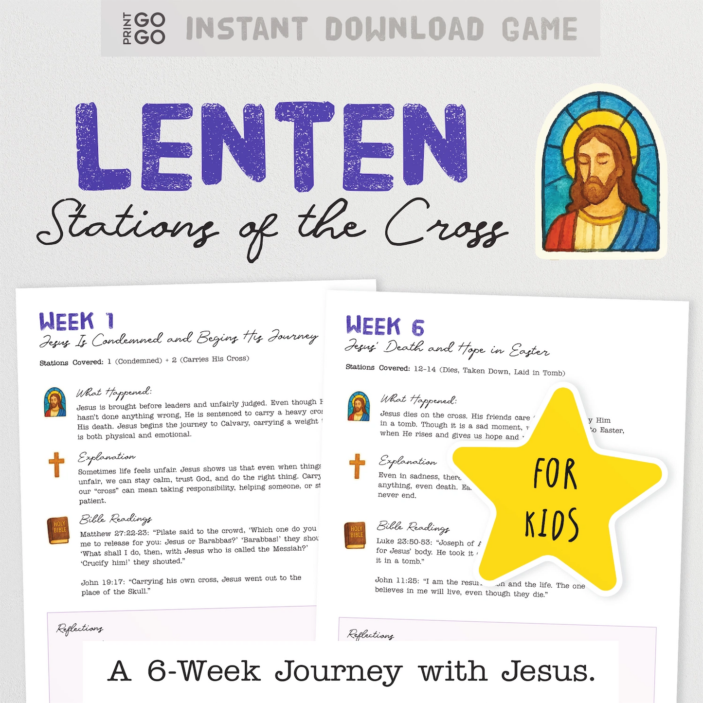 Lenten Stations of the Cross resource for kids with Jesus illustration and text on a white background