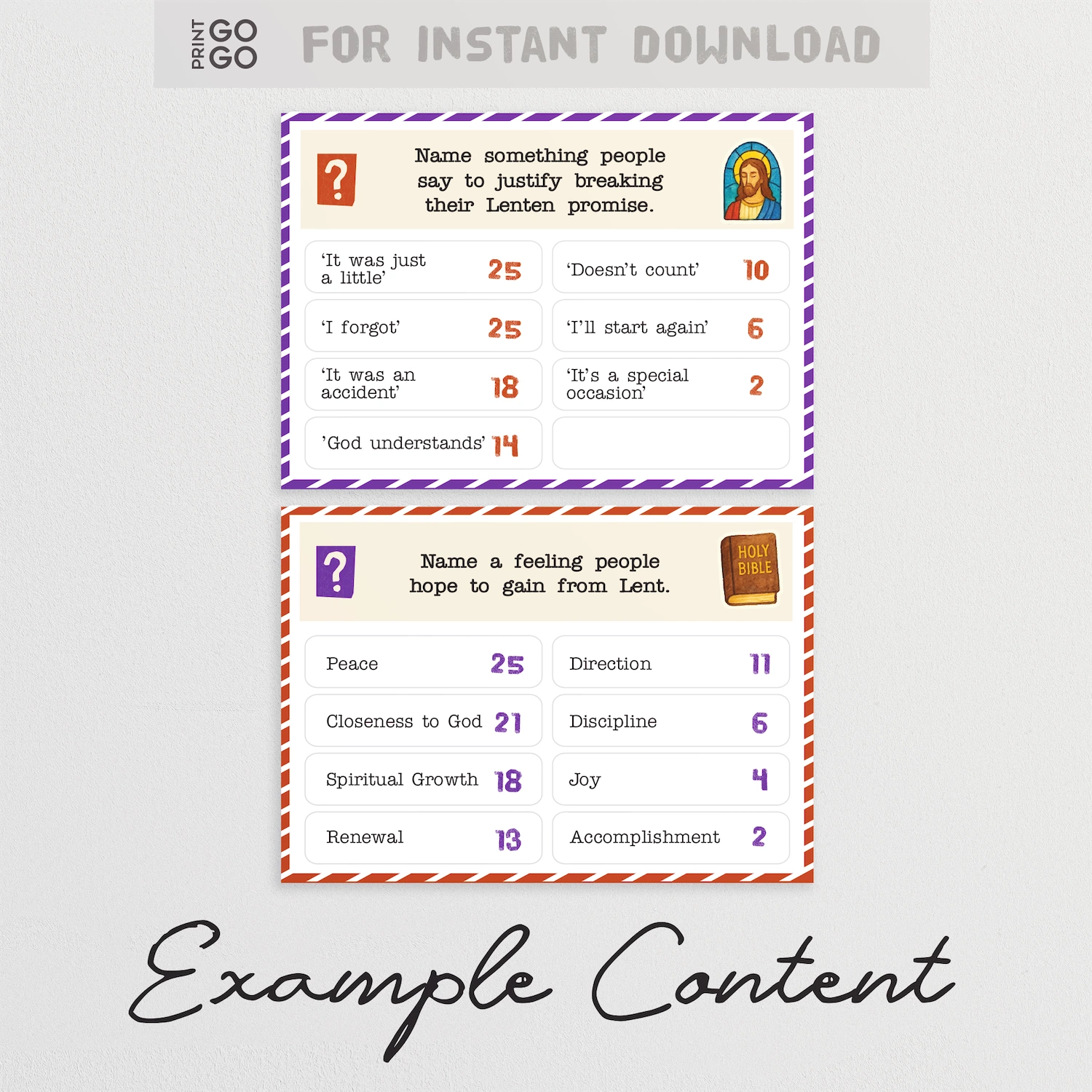 Two question cards with text and numbers on a light gray background