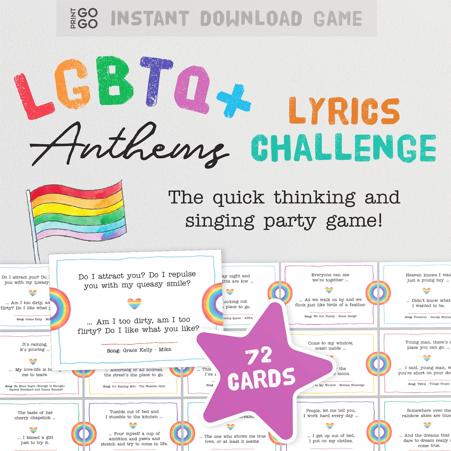 An example of the cards included in LGBTQ+ Anthems Lyrics Challenge Game - Sing Loud and Proud