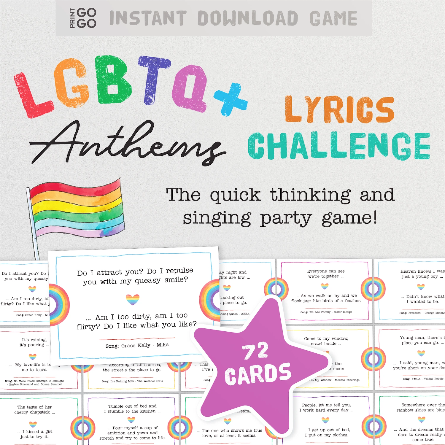 An example of the cards included in LGBTQ+ Anthems Lyrics Challenge Game - Sing Loud and Proud
