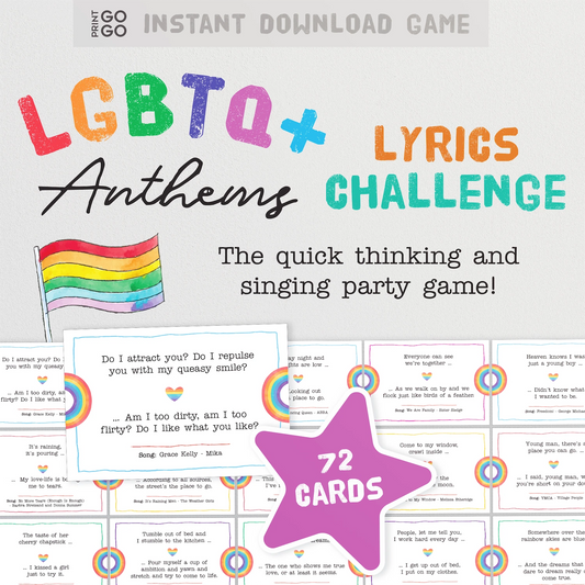 An example of the cards included in LGBTQ+ Anthems Lyrics Challenge Game - Sing Loud and Proud