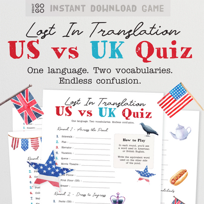 US vs UK Quiz game with American and British flags on a white background