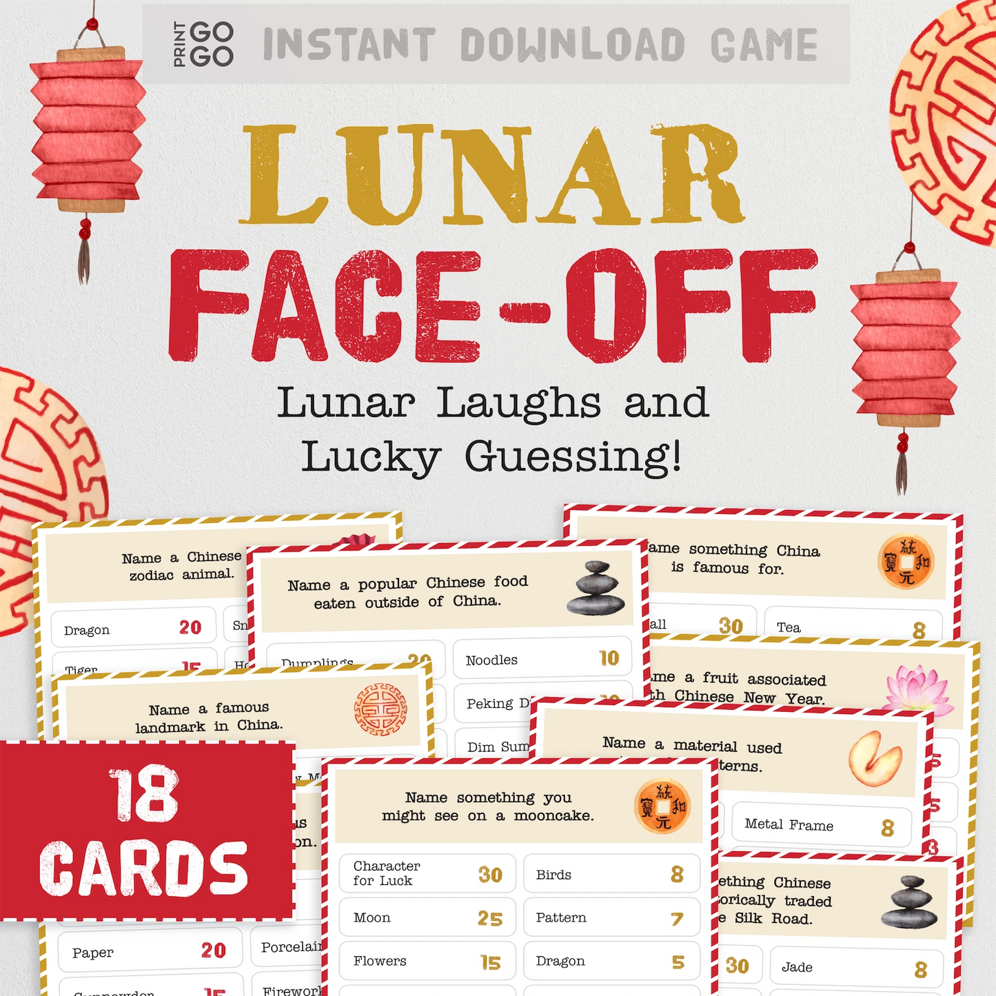 Lunar Face-Off game packaging with cards and decorative elements on a light gray background