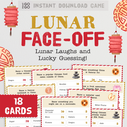 Lunar Face-Off game packaging with cards and decorative elements on a light gray background