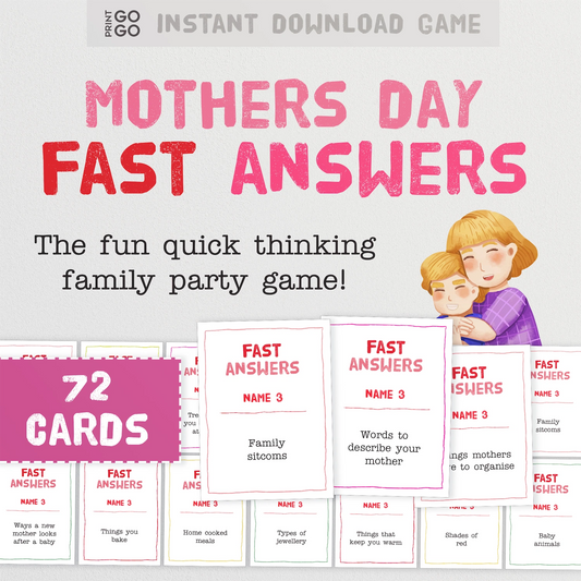 Example content from instant download party game; Mothers Day Fast Answers.